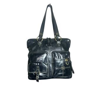 Joanel Black Leather Tote Bag with Front Pockets & Contrast Stitching